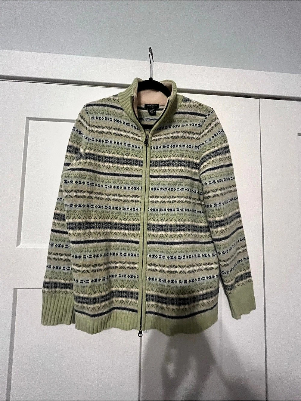 Eddie Bauer Fair Isle Full Zip Lambswool Sweater Green & Blue 90s Mom Vintage L